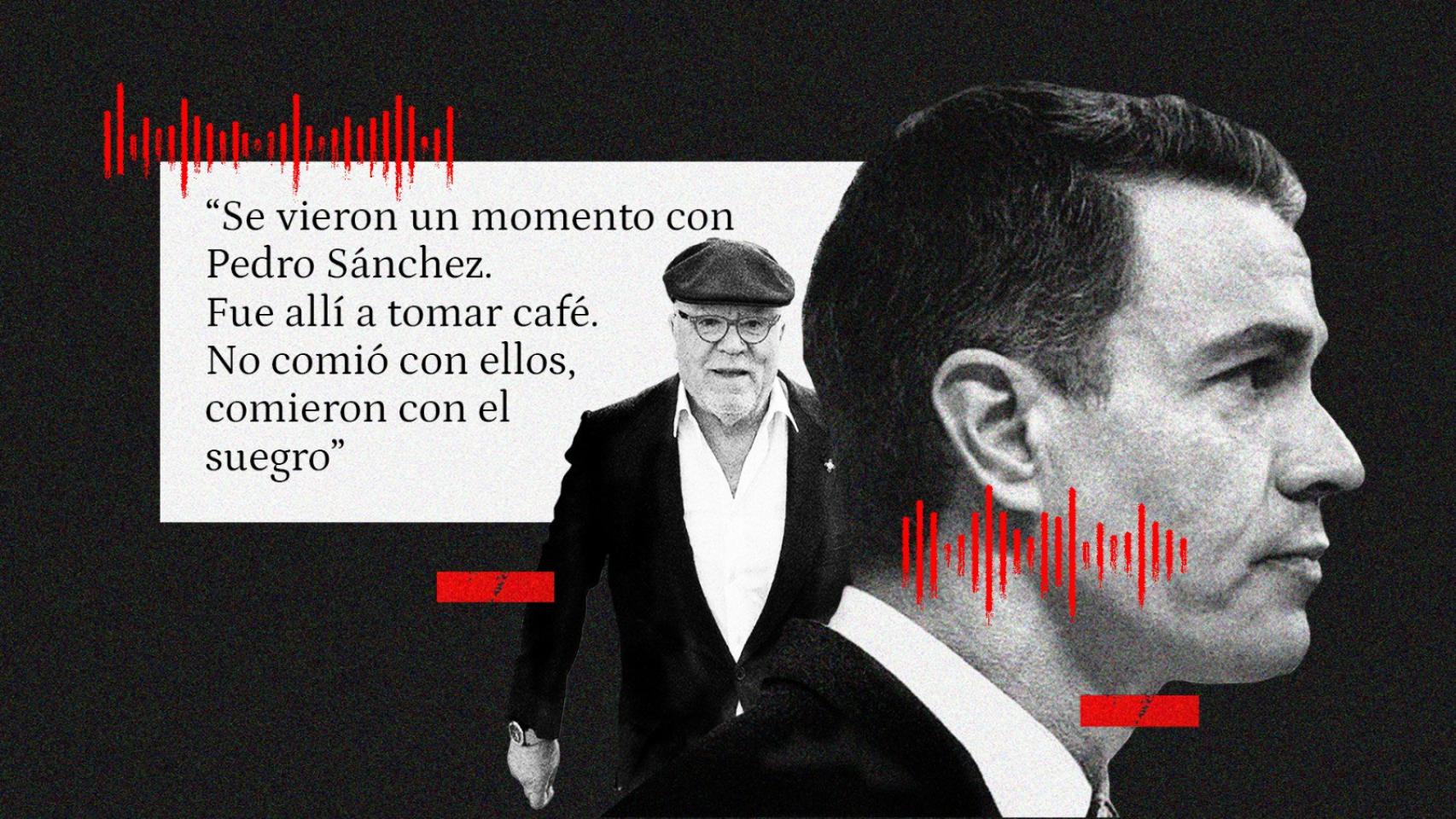 Fotomontaje con imágenes de Villarejo, Pedro Sánchez y un extracto de la grabación de audio.