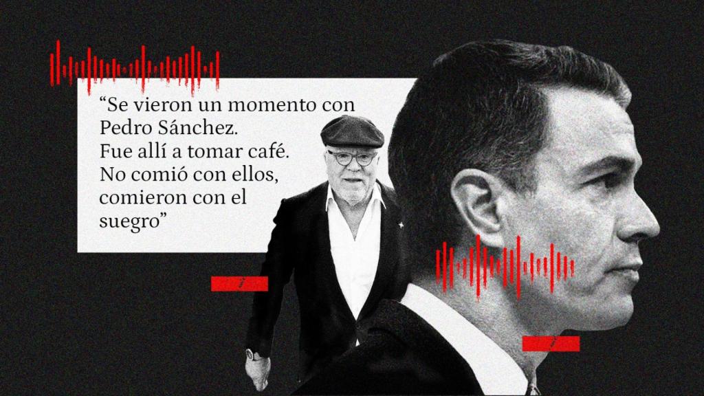 Fotomontaje con imágenes de Villarejo, Pedro Sánchez y un extracto de la grabación de audio.