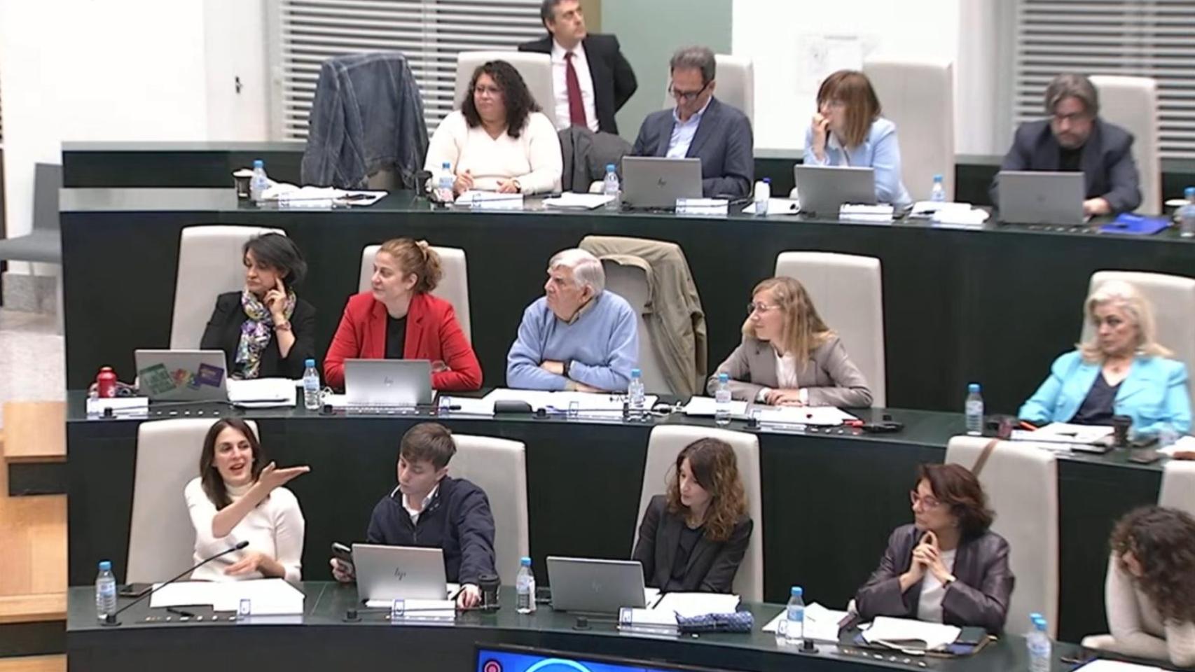 Rita Maestre, abajo a la izquierda, y el resto de concejales de Más Madrid durante el pleno del Ayuntamiento este martes.