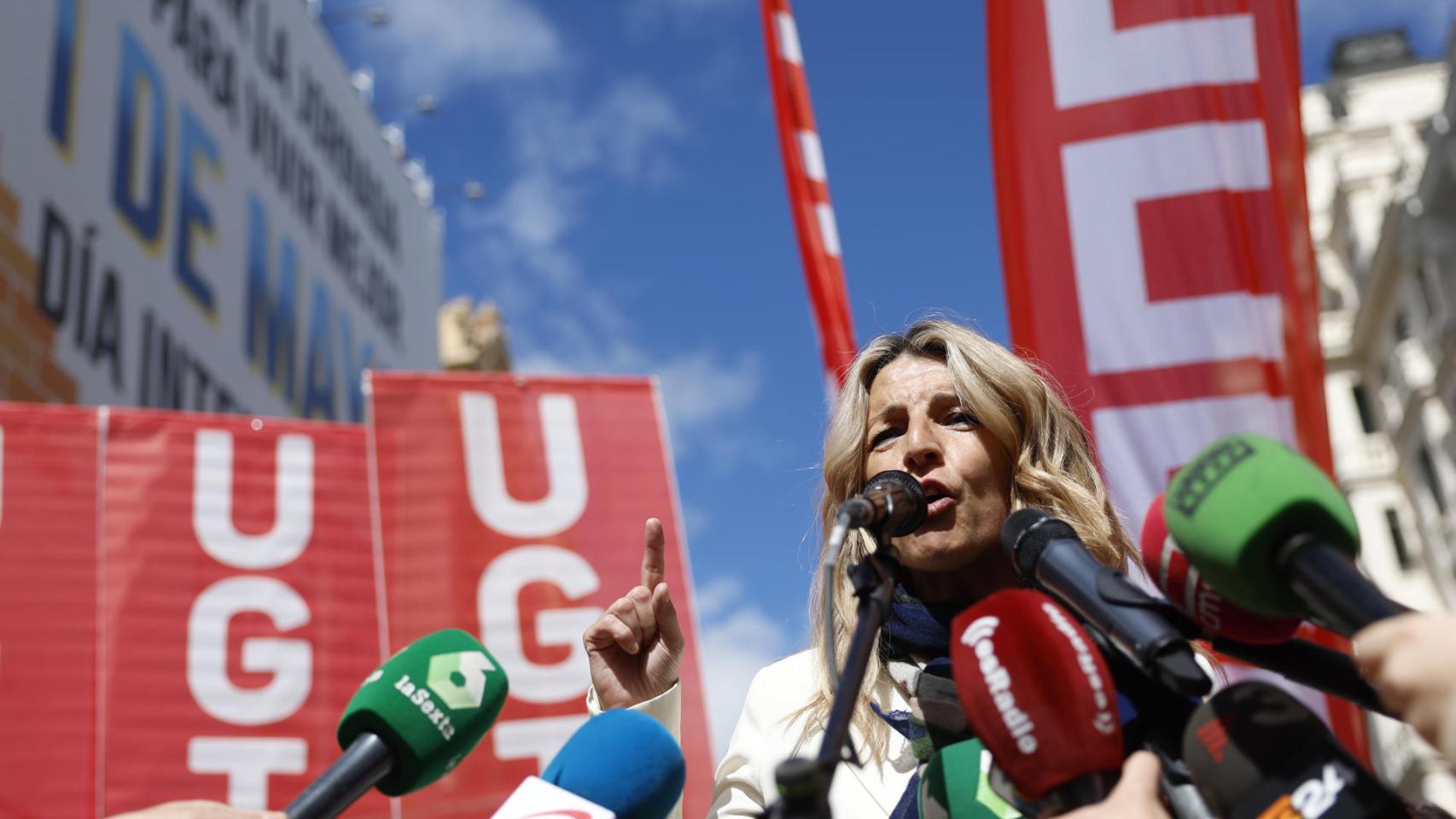 La vicepresidenta primera y ministra de Trabajo, Yolanda Díaz, este primero de mayo en Madrid.