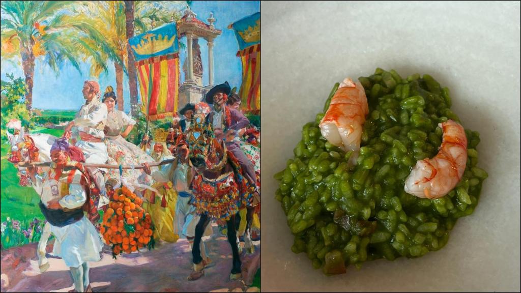 Cuadro 'Valencia. Las grupas', de Joaquín Sorolla, a la izquierda; plato de Jorge de Andrés, a la derecha. EE