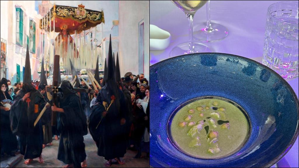Cuadro 'Sevilla. Los nazarenos', de Joaquín Sorolla, a la izquierda; plato de Jorge de Andrés, a la derecha. EE
