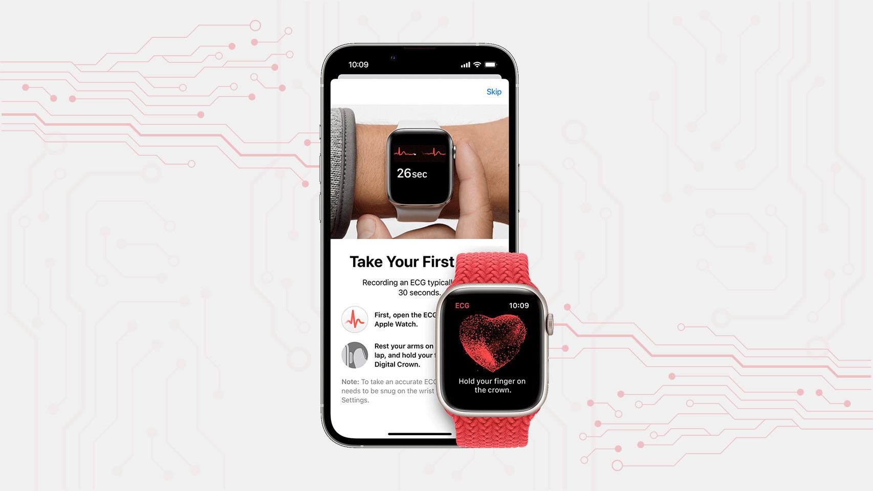 Fotomontaje con un iPhone y un Apple Watch.