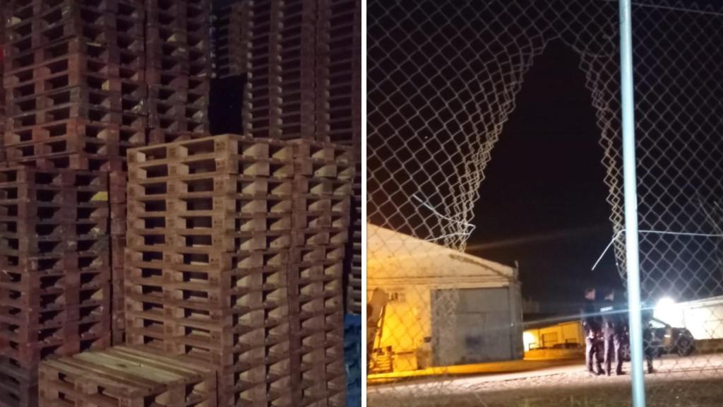 Imagen de los palets y del agujero en la valla. Fotos Policía Nacional