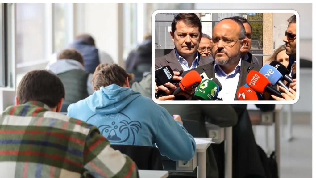 Varios alumnos, realizando un examen en un instituto con Fernández y Mañueco en una imagen arriba