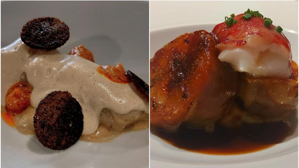 Cardo rojo de Agreda, pil pil ahumado de nueces, chorizo y aceituna de Aragón y manitas de cerdo con sobrasada y bogavante.