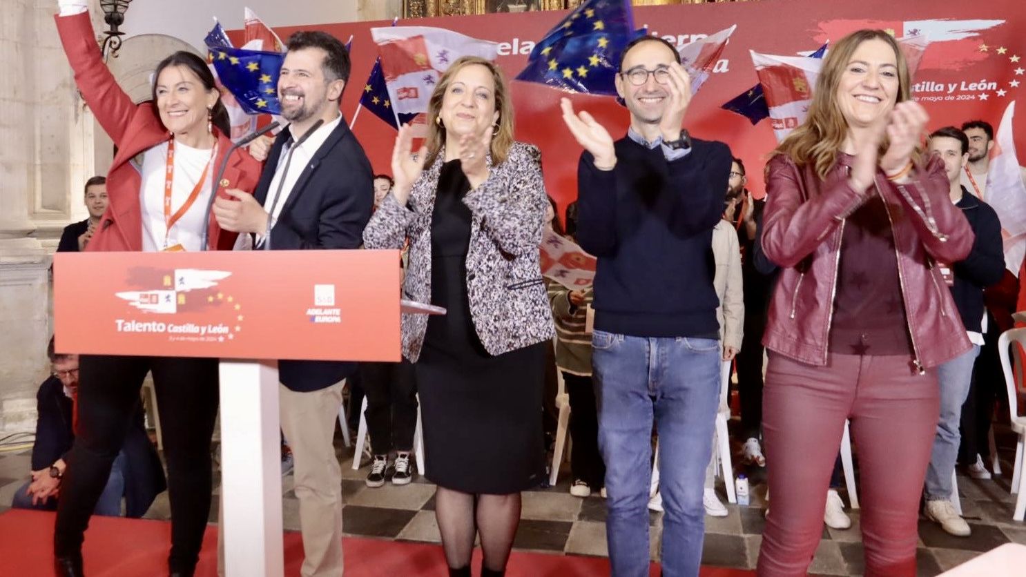 El secretario general del PSCyL, Luis Tudanca, la eurodiputada Iratxe García y el presidente del Principado de Asturias, Adrián Barbón, clausuran la tercera Escuela de Gobierno del PSCyL