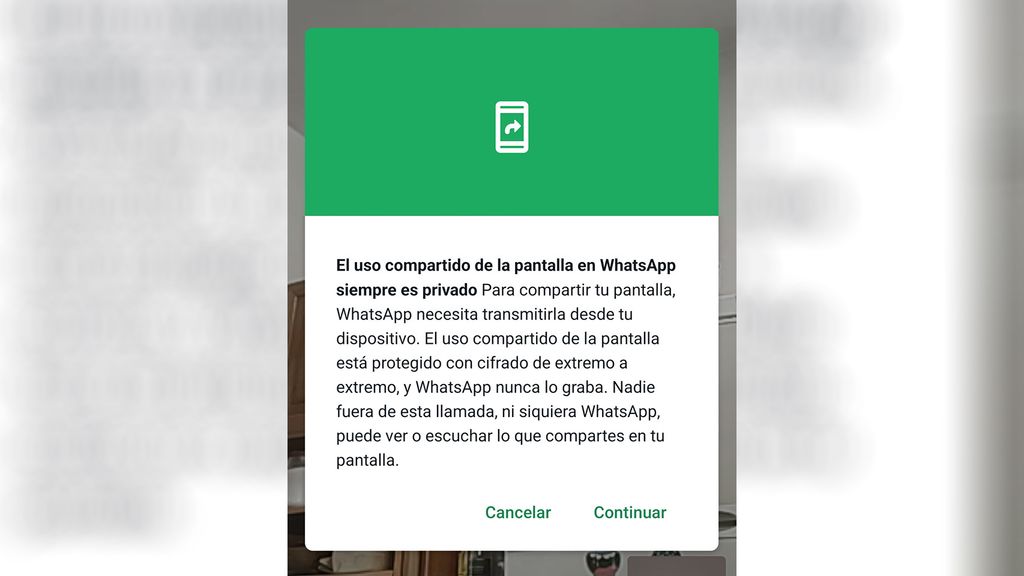 El mensaje que se recibe al compartir pantalla en WhatsApp