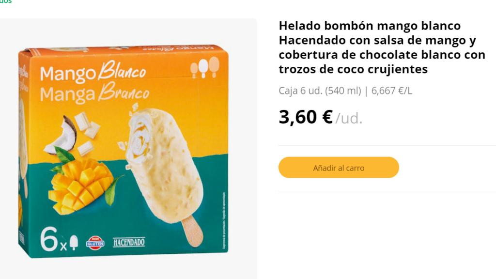 Helado bombón mango blanco Hacendado.