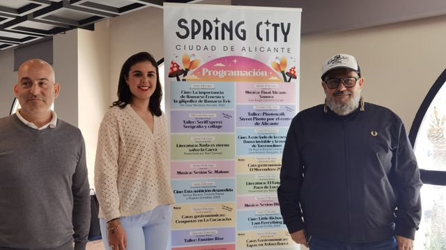Iván Navarro, Nayma Beldjilali y José Piñero en la presentación del programa del Spring City este martes en Alicante.