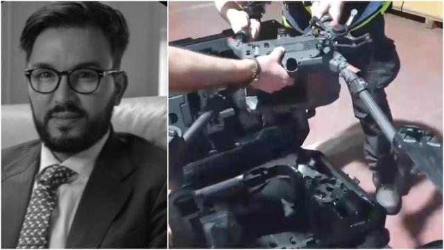 El empresario marroquí Mohamed Rachad Andaloussi Ouriaghli (izda.) y uno de los drones incautados en la operación.