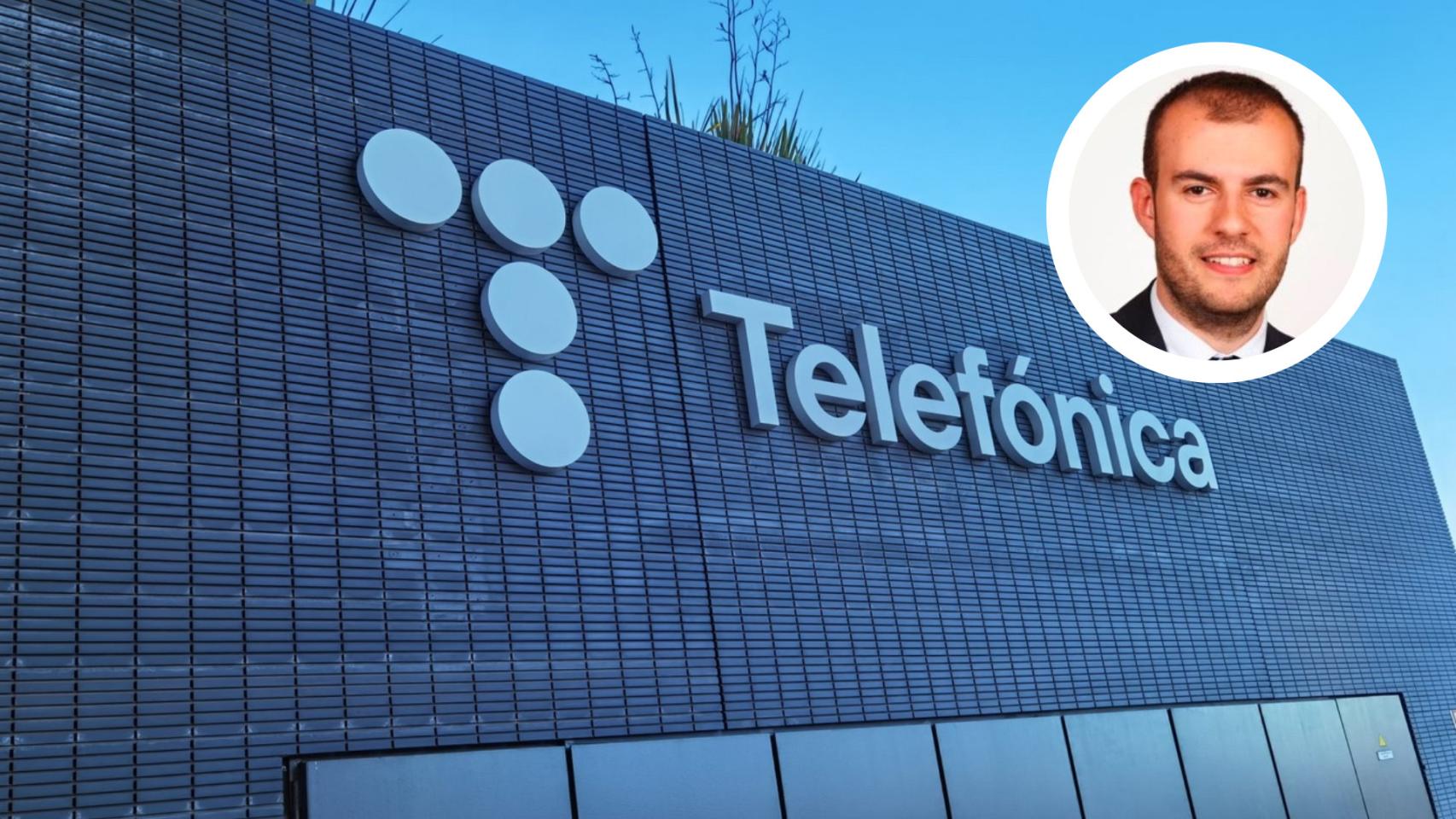 Montaje con la imagen de Carlos Ocaña junto al logo de Telefónica.
