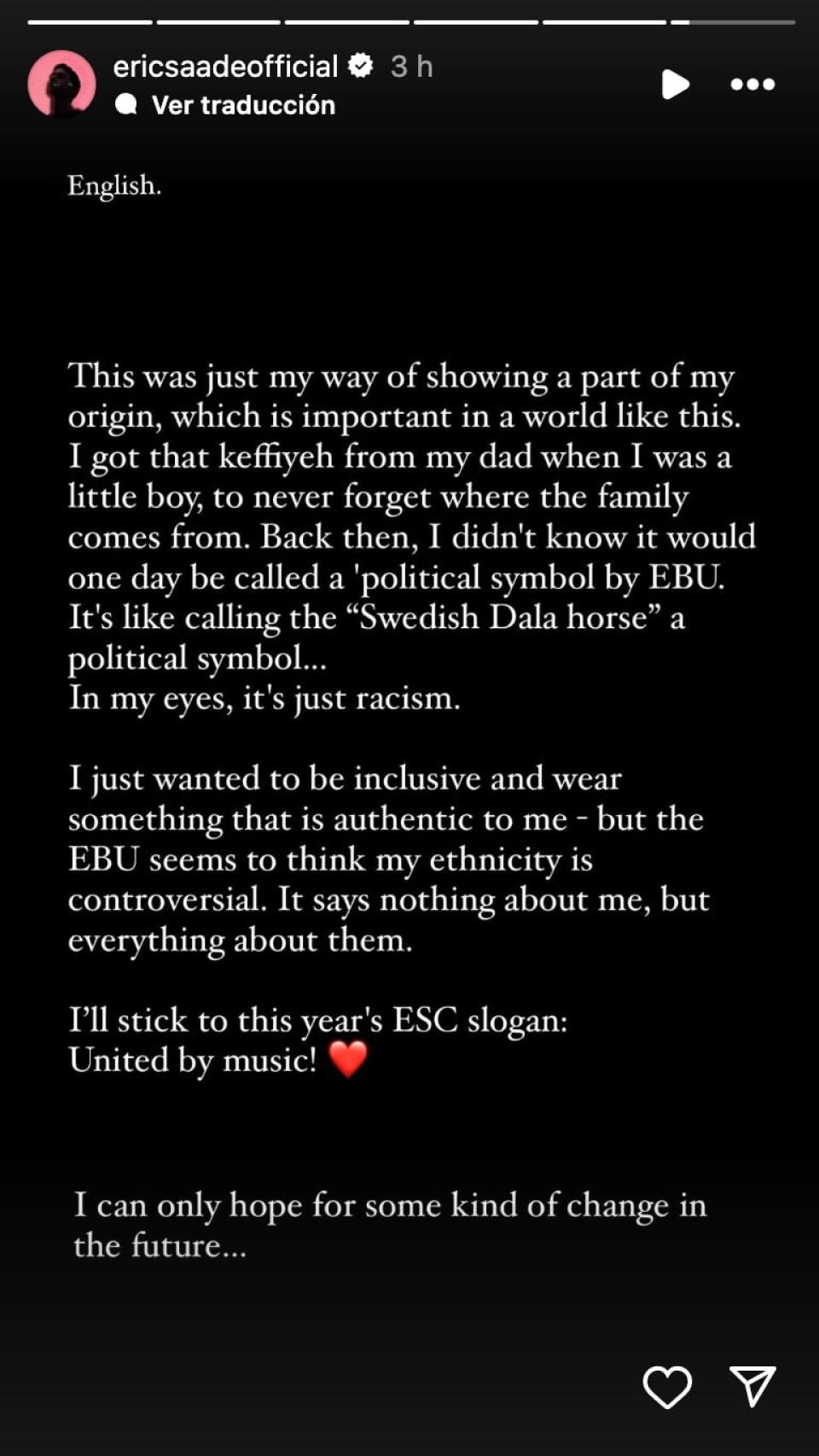 Pantallazo de la historia de la cuenta de Eric Saade en Instagram.