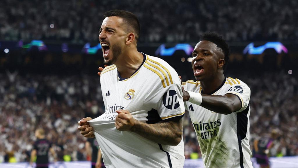Joselu celebra su segundo gol al Bayern Munich.