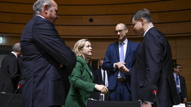 La presidenta del BEI, Nadia Calviño, durante la reunión del Ecofin de abril en la que presentó su Plan de Acción para la Industria de Seguridad y Defensa