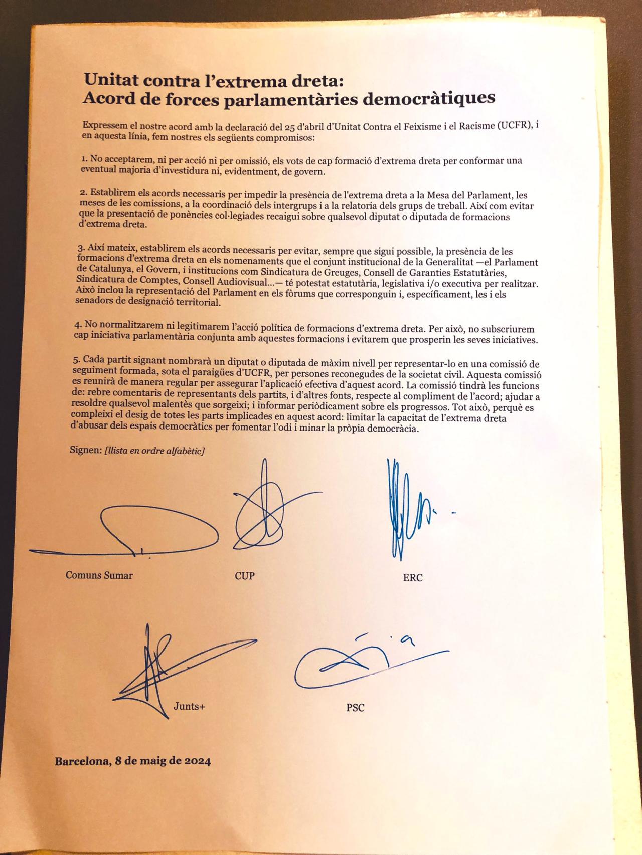 Pacto del cordón sanitario a Vox y Aliança Catalana