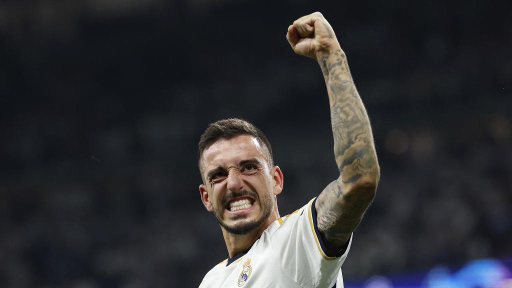 Joselu celebra el pase a la final de la Champions.