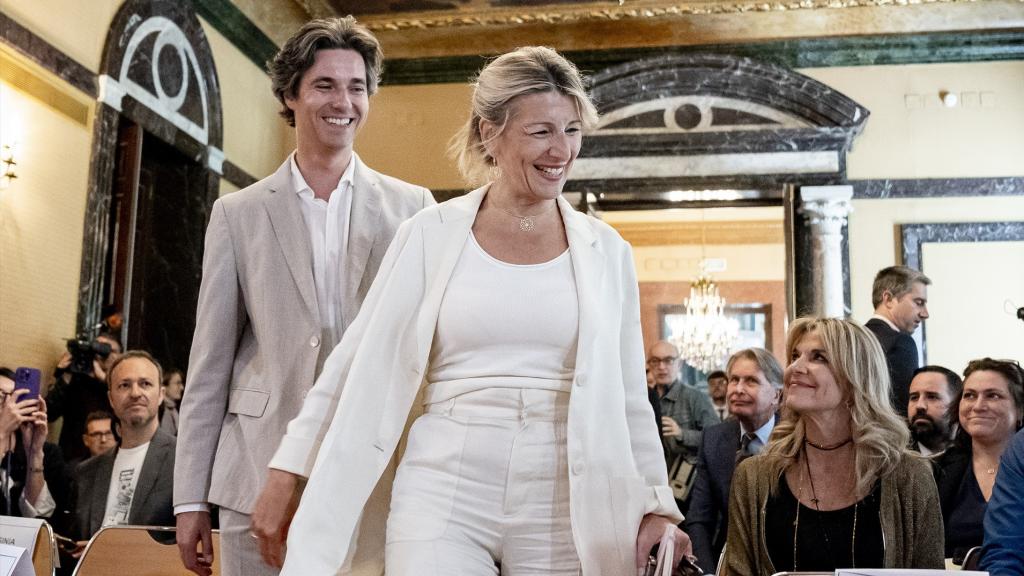 La vicepresidenta Yolanda Díaz, este jueves durante la reunión de ministros europeos de Trabajo celebrada en el Palacio de Zurbano (Madrid).