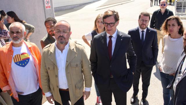 Los candidatos Carlos Carrizosa (Cs), IGnacio Garriga (Vox), Alejandro Fernández (PP), Jéssica Albiach (Comunes), Salvador Illa (PSC), Pere Aragonès (ERC) y Laia Estrada (CUP), este sábado durante la jornada de reflexión.