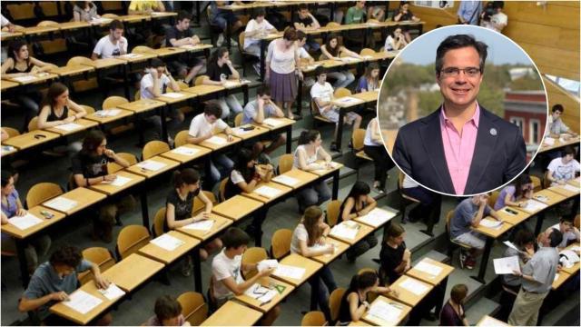 Varios jóvenes haciendo un examen de Selectividad y el neuroconsultor y CEO de SharpBrains Álvaro Fernández Ibáñez