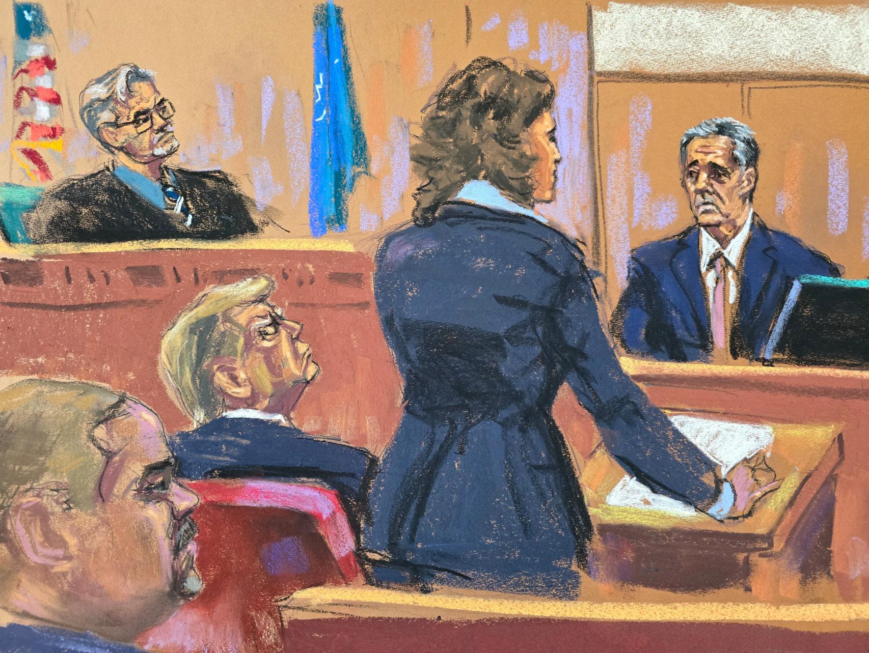 Un retrato de Michael Cohen siendo interrogado en Nueva York, Estados Unidos, el 13 de mayo de 2024.