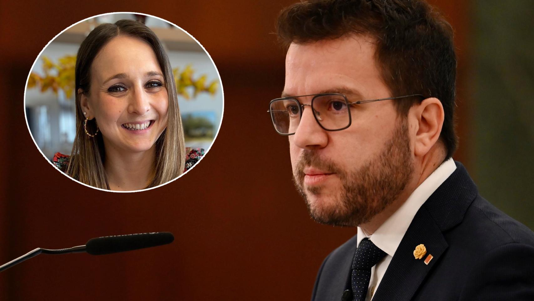 Pere Aragonès junto a su mujer, Janina Juli Pujol, en un fotomontaje de EL ESPAÑOL.