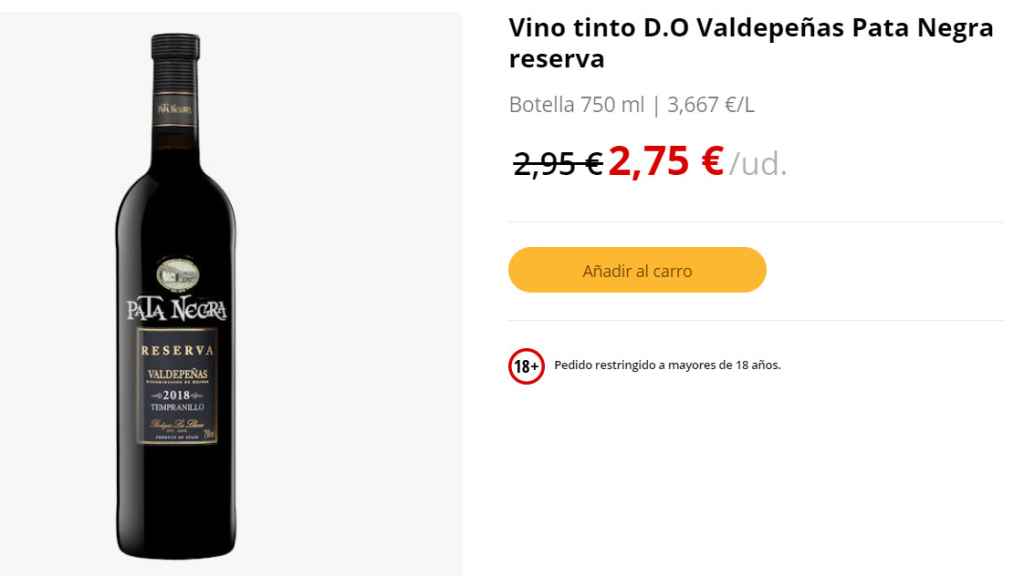 Vino tinto D.O Valdepeñas Pata Negra reserva.