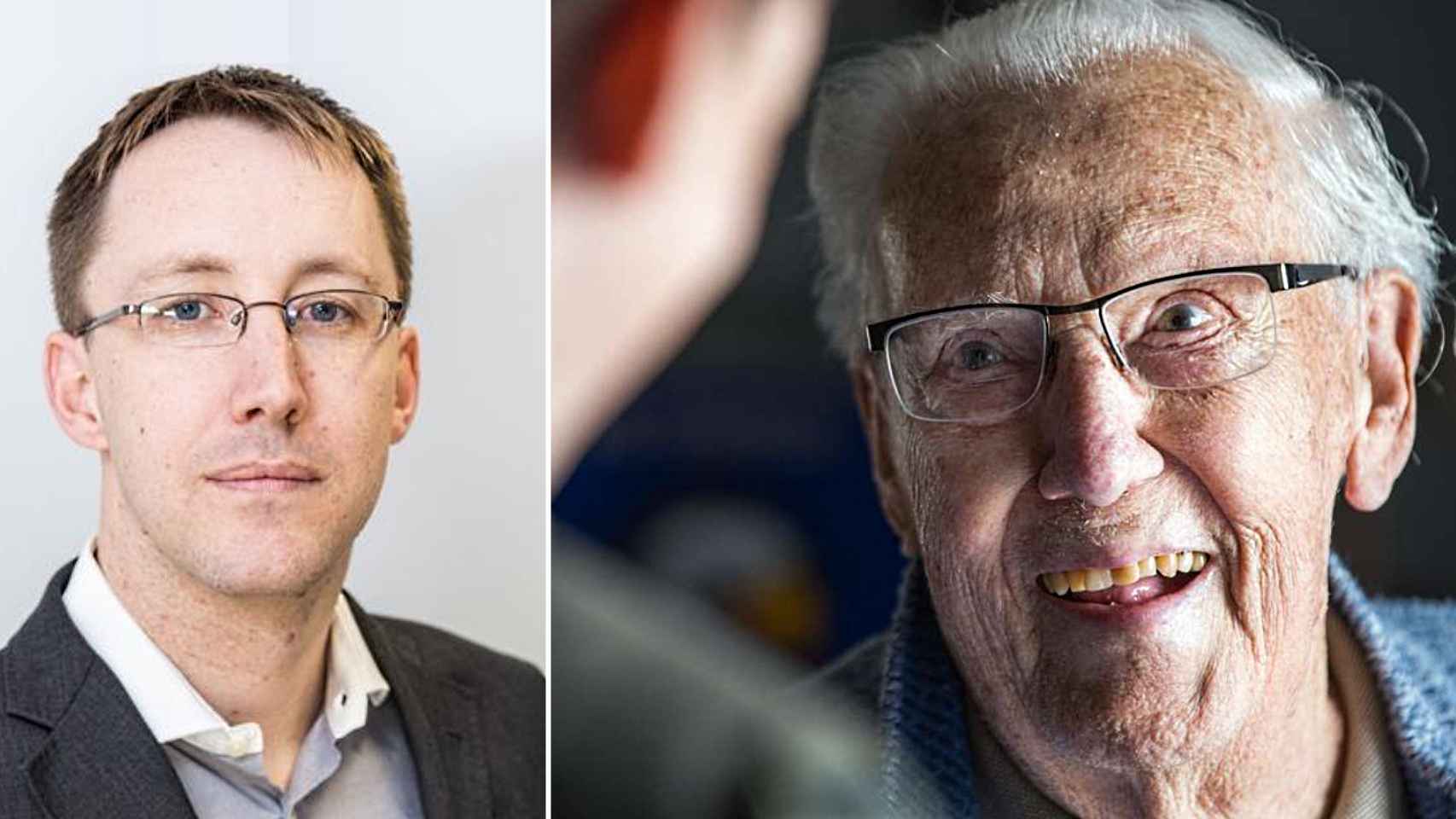 El especialista Bradley Elliot (Universidad de Westminster) y el veterano centenario de la II Guerra Mundial Dick Marsh (U.S. Air Force photo by Louis Briscese)