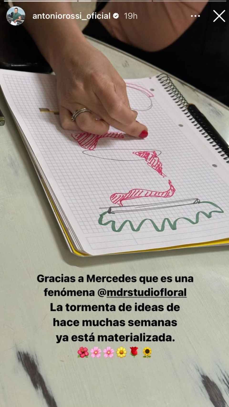 Antonio Rossi mostrando algunos detalles de la reunión con su florista.