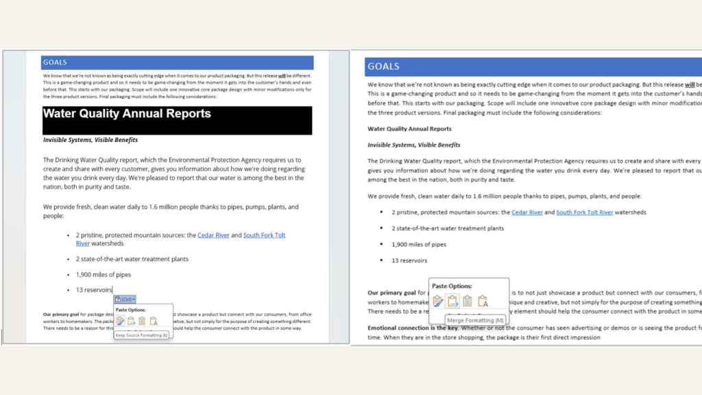 Un texto pegado en Word con el formato original (izq) y combinando el formato (der)