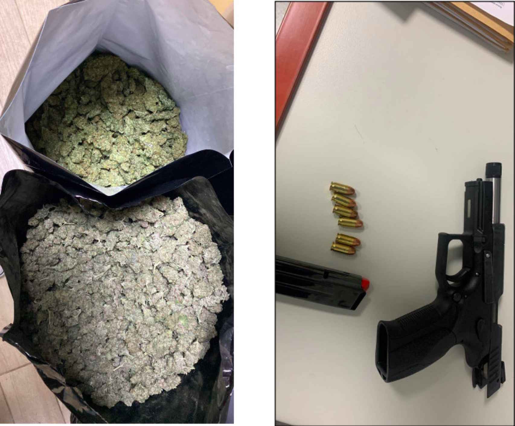 Sacos de cogollos de marihuana ya secos y una pistola, entre los efectos intervenidos.
