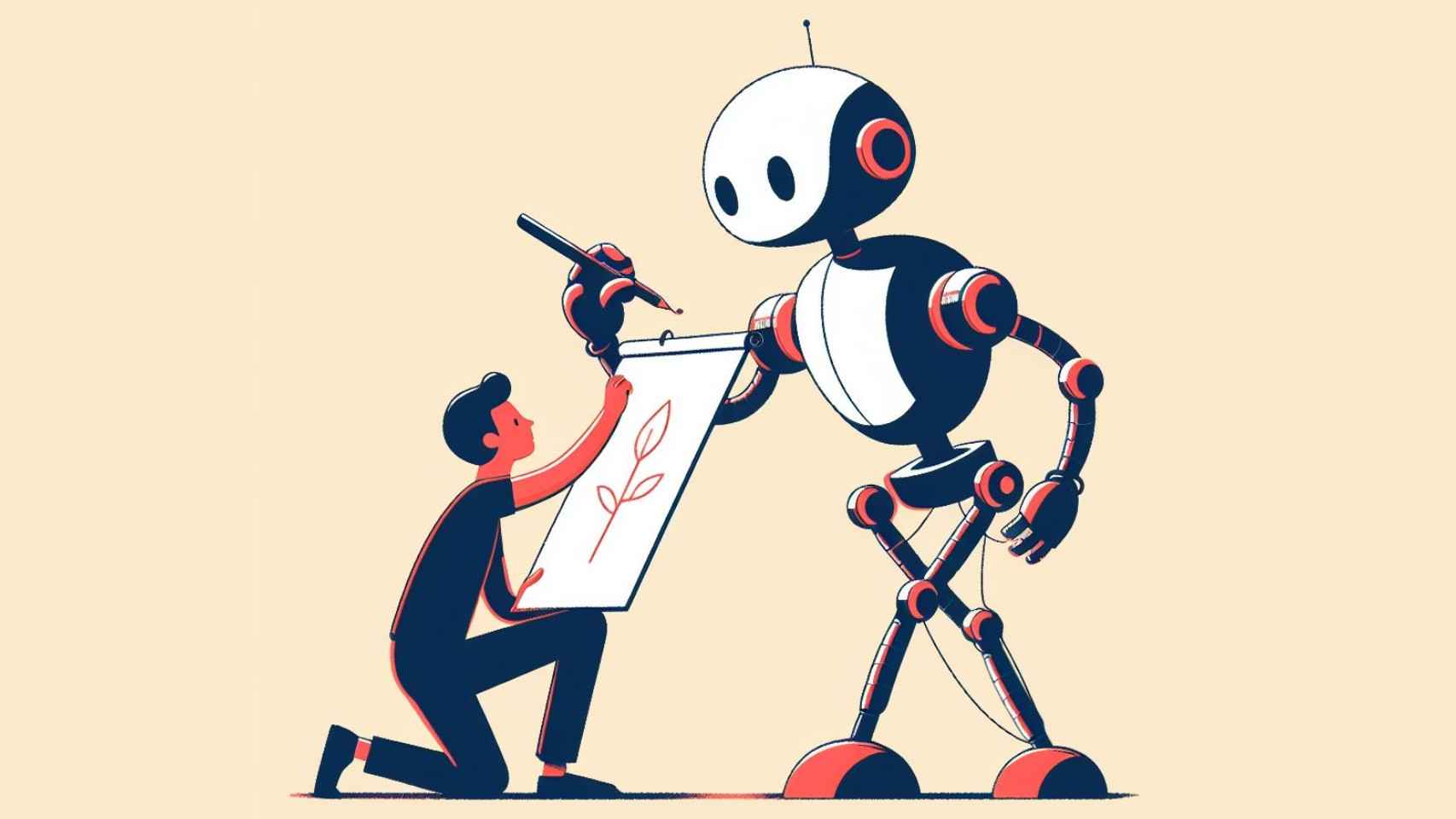 Ilustración de un hombre y un robot dibujando