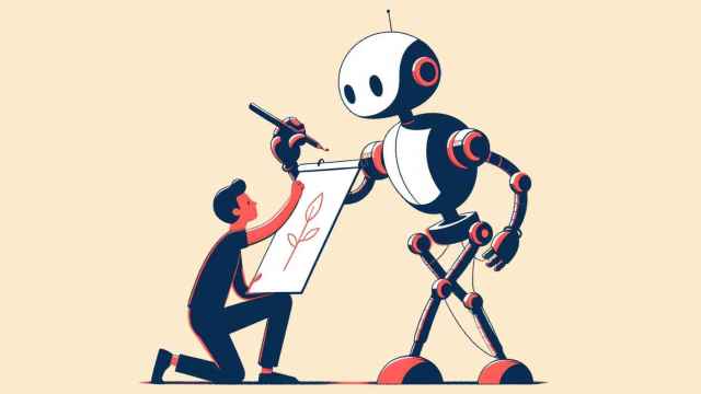 Ilustración de un hombre y un robot dibujando
