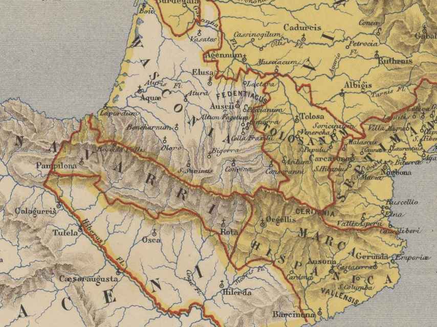 Mapa de la Marca Hispanica, Navarra y Wasconia en 806, según Auguste Longnon, 1876.