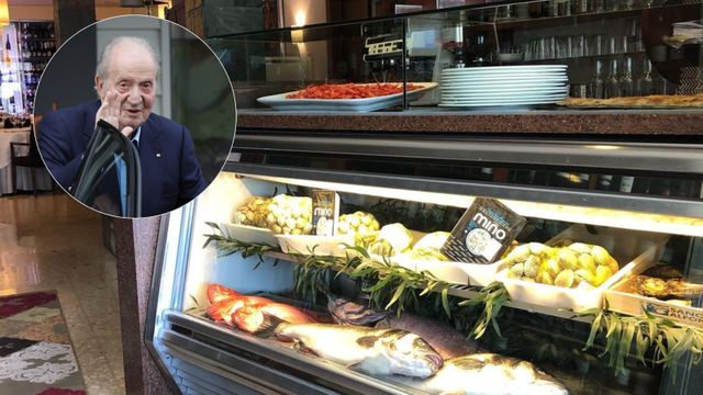 El emérito, junto a una fotografía del restaurante en el que comió este miércoles.