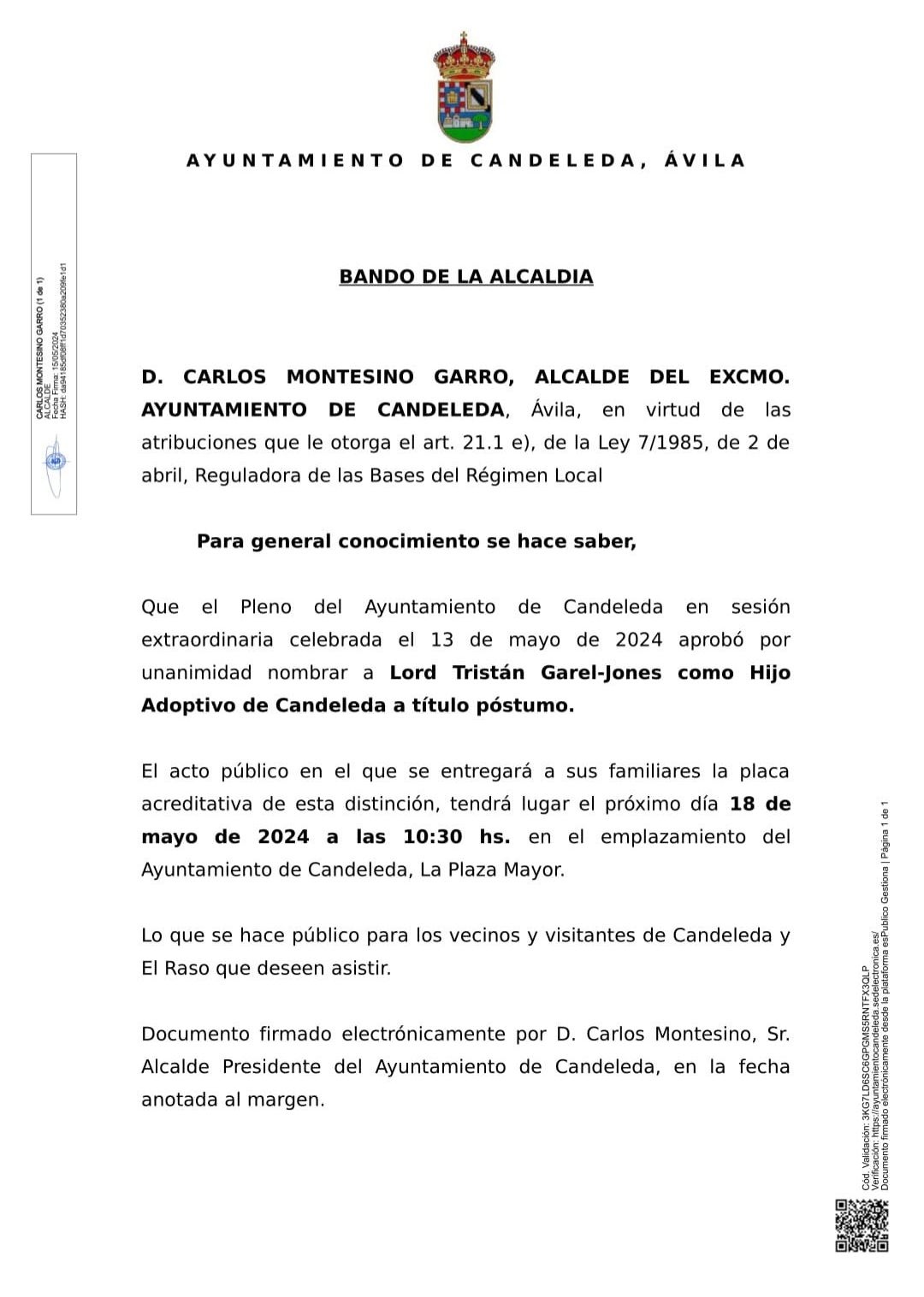 Comunicado nombramiento Hijo Adoptivo