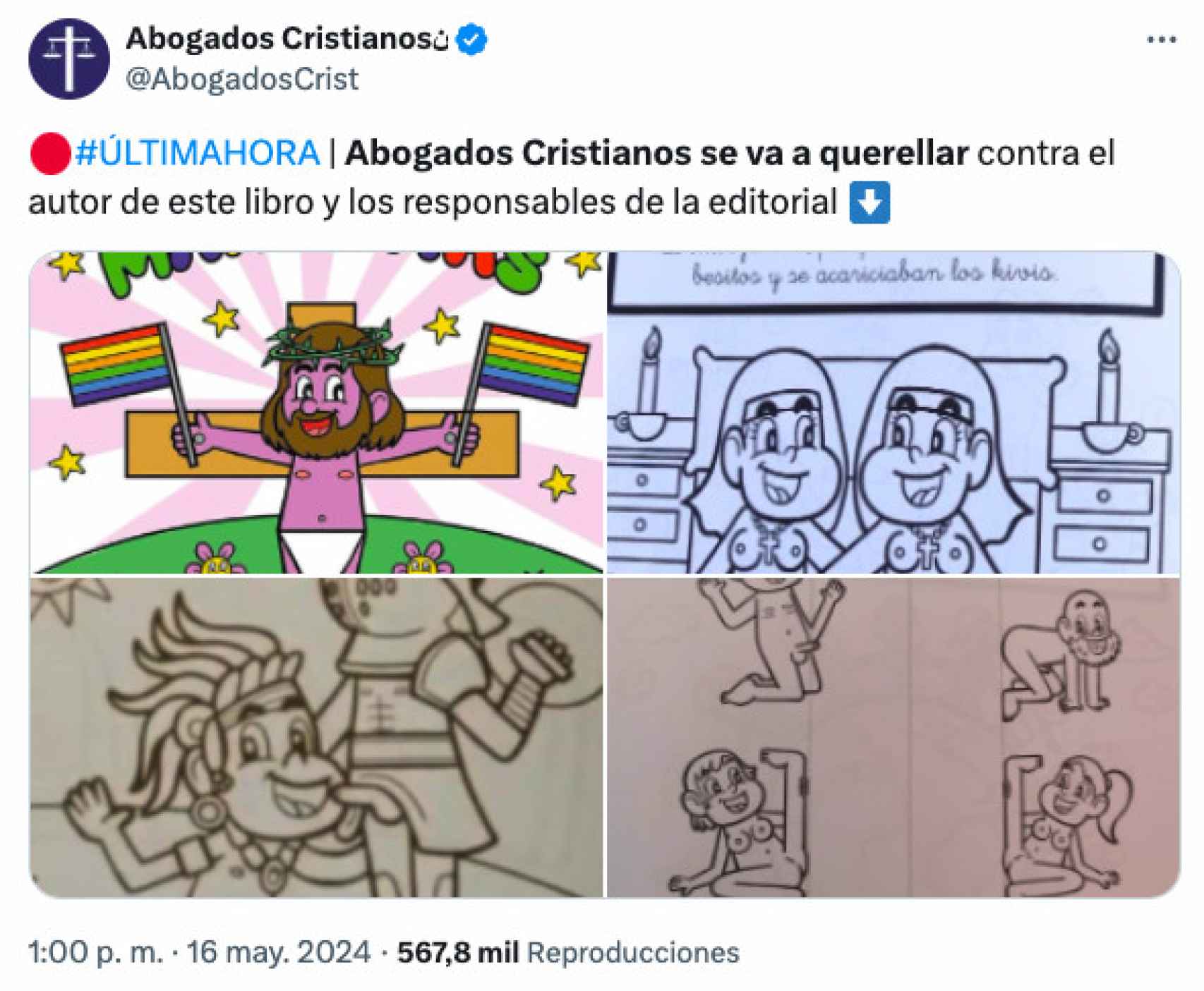 Captura del tuit de Abogados Cristianos en el que amenaza con querellarse contra la editorial del libro.