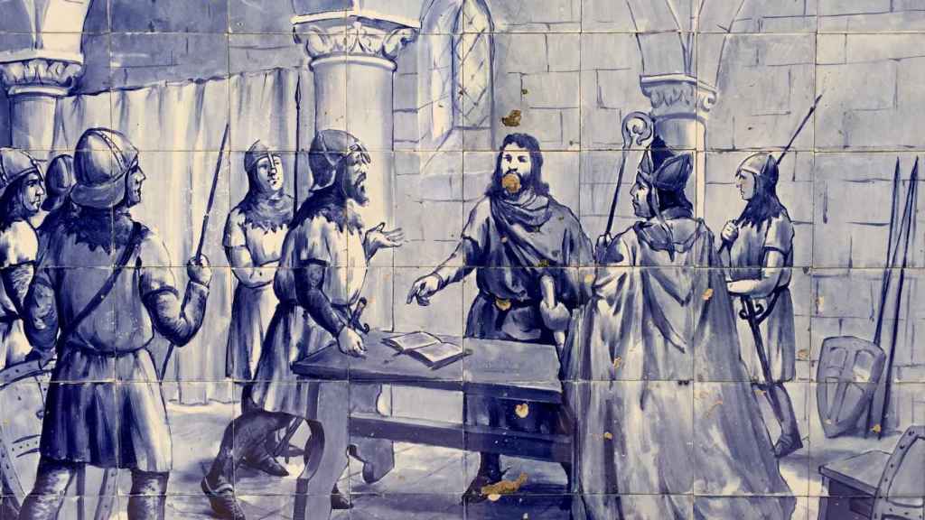 Firma del Tratado de Zamora. Panel de azulejos de principios del siglo xx, en Portimão