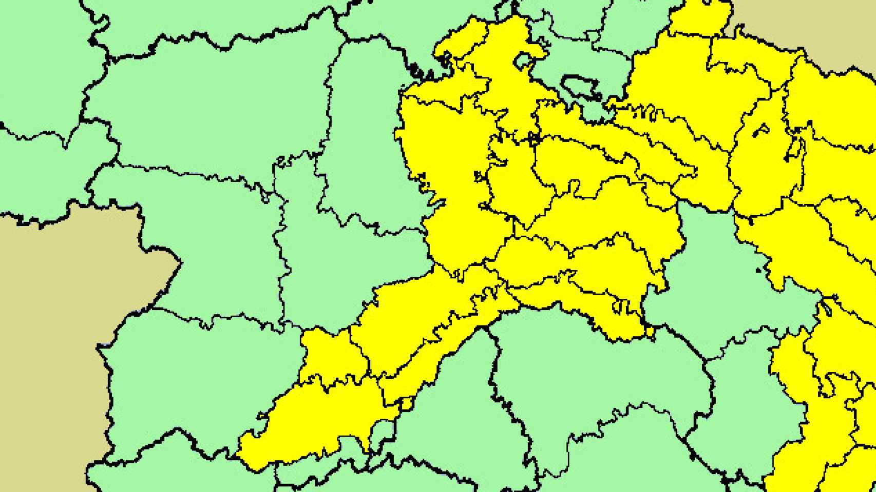 Imagen de las zonas afectadas por la alerta amarilla en Castilla y León.