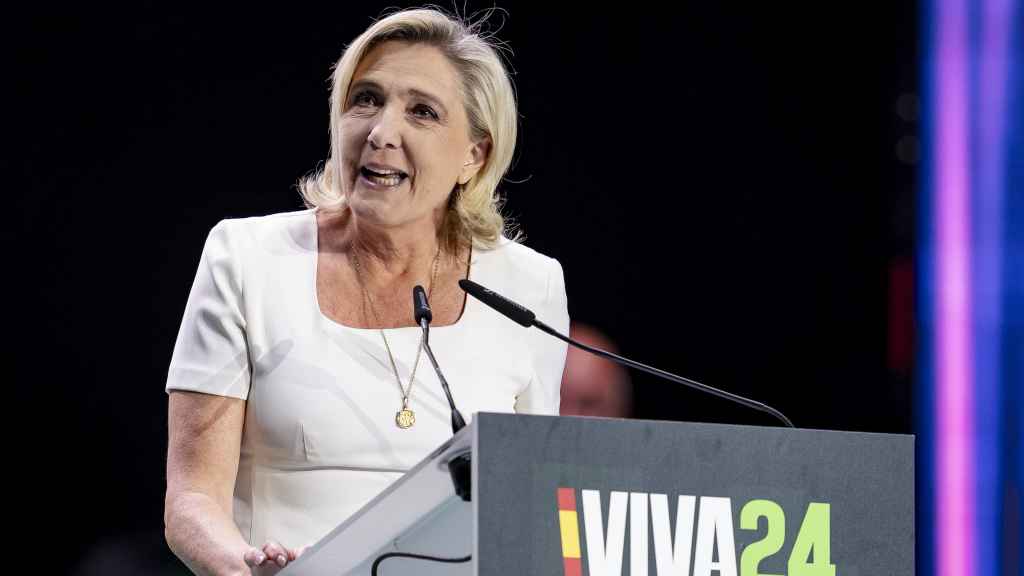Marine Le Pen, este domingo, en el acto 'Viva 24', organizado por Vox en Madrid.