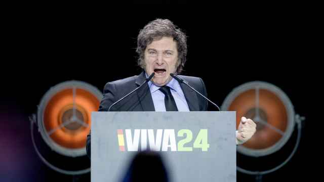 Milei, este domingo, en el acto de Vox en el Palacio de Vistalegre (Madrid).