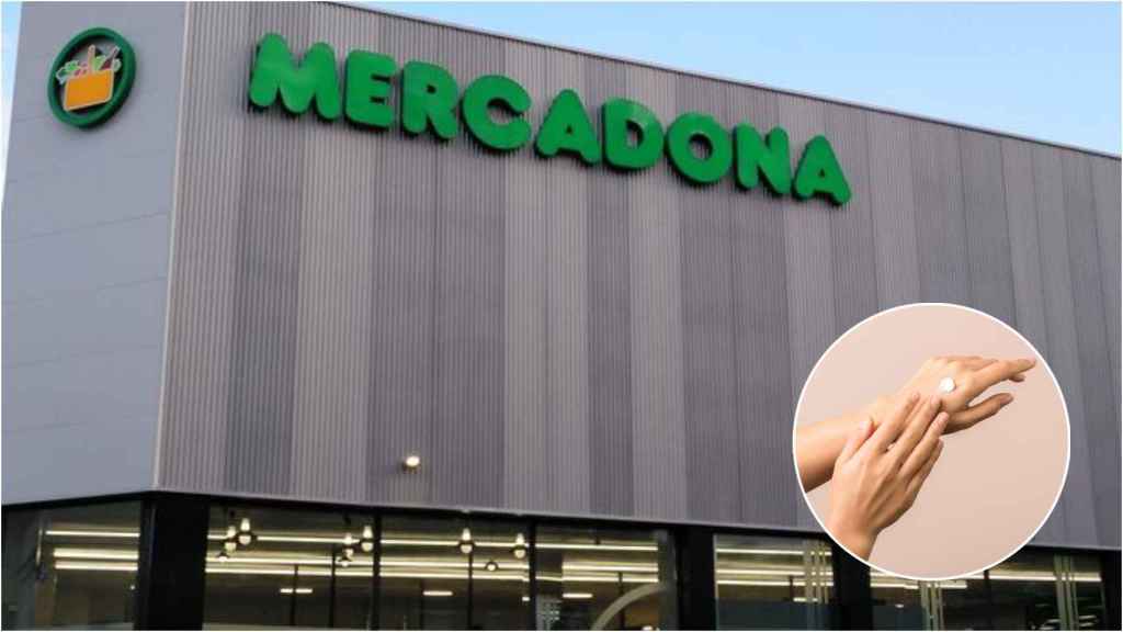 Fachada de un Mercadona y la imagen de una crema de manos.