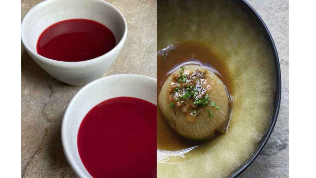 Gazpacho de frutos rojos y cebolla rellena de gochu asturcelta.