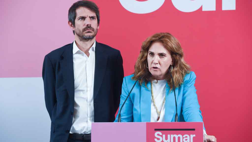 La candidata de Sumar a las elecciones europeas, Estrella Galán, en una rueda de prensa este lunes.