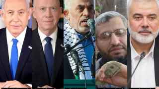 De izda. a dcha: Benjamin Netanyahu, Yoav Gallant, y los líderes de Hamás, Yahya Sinwar, Mohammed Deif e Ismael Haniyeh.