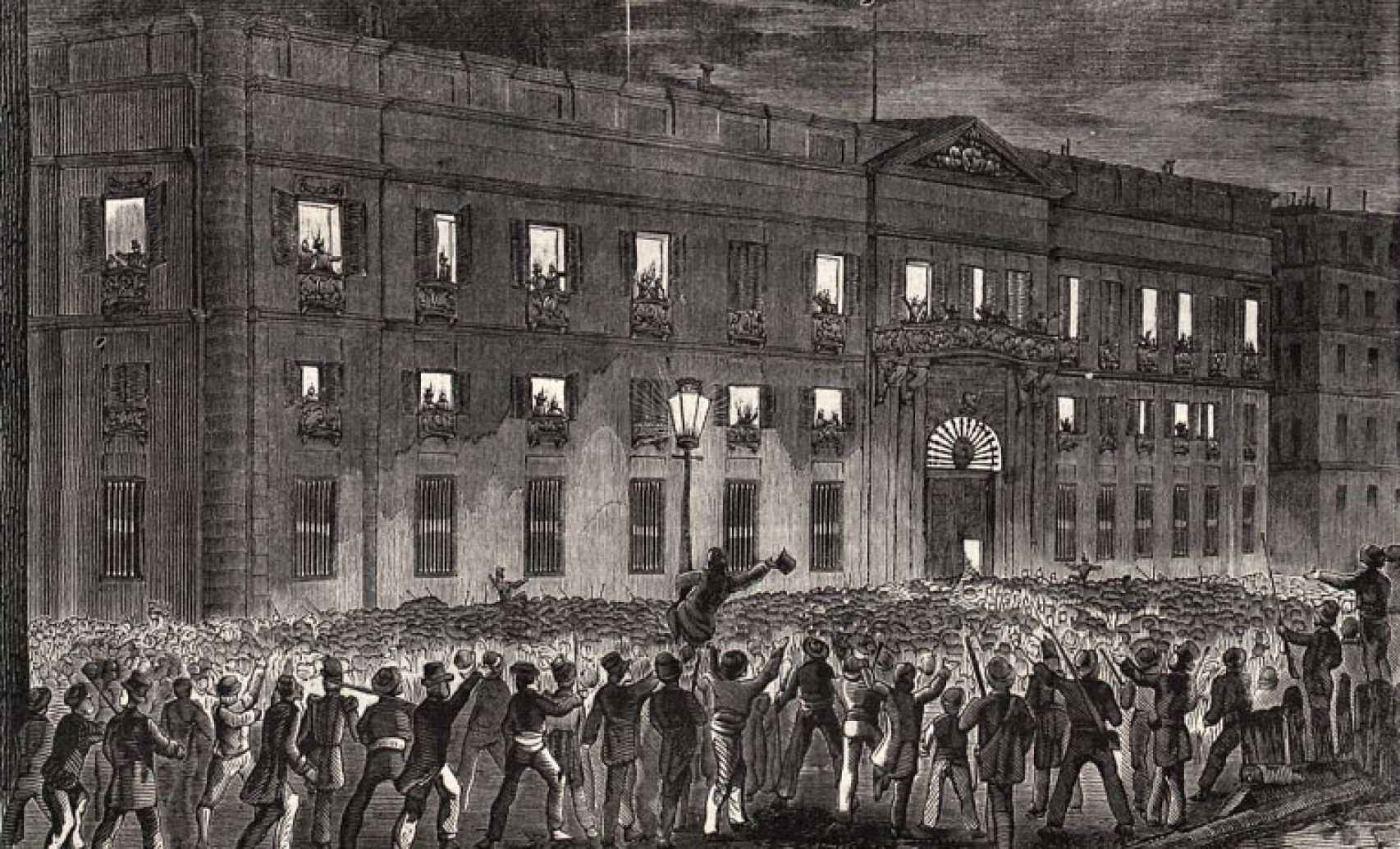 Revueltas populares durante la Vicalvarada en 1854 frente a la Real Casa de Correos.