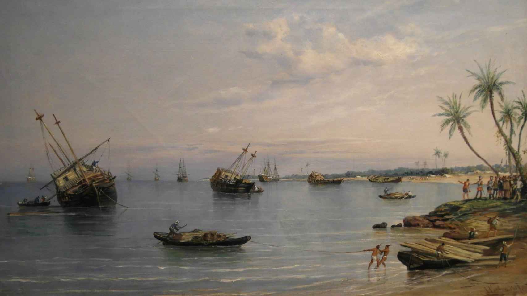Hernán Cortés ordenando destruir sus naves según el pincel de Rafael Monleón. 1887.