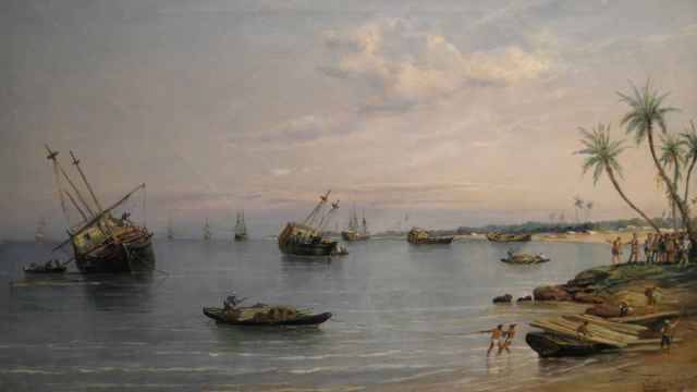 Hernán Cortés ordenando destruir sus naves según el pincel de Rafael Monleón. 1887.