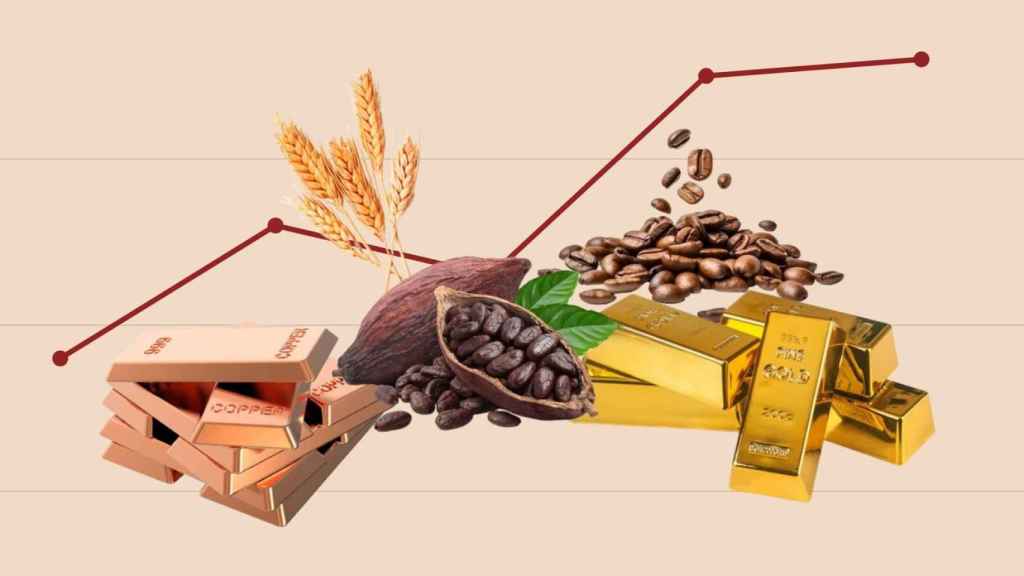 Diferentes materias primas sobre un gráfico al alza.