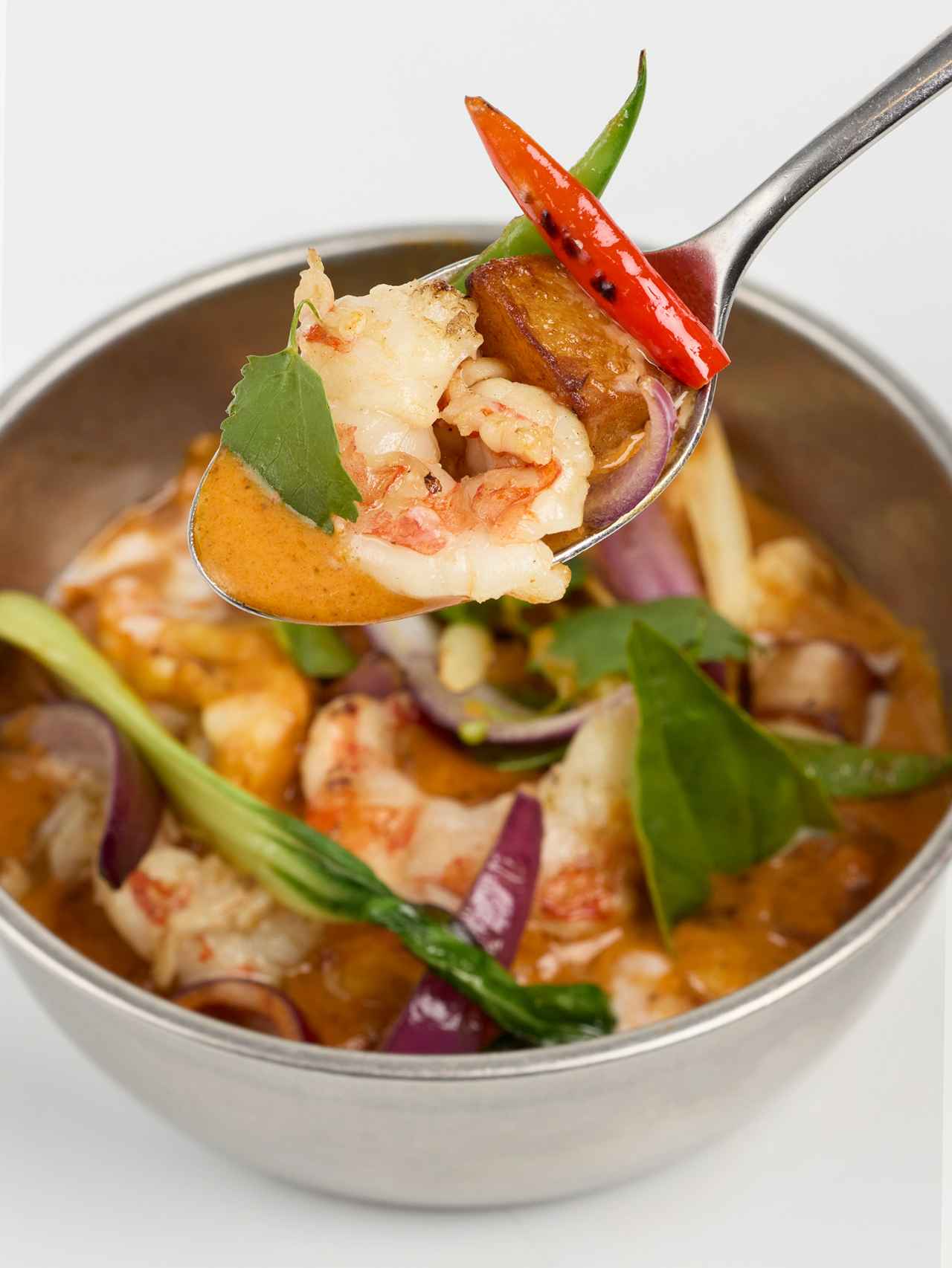 Curry rojo de gambones y carabineros.